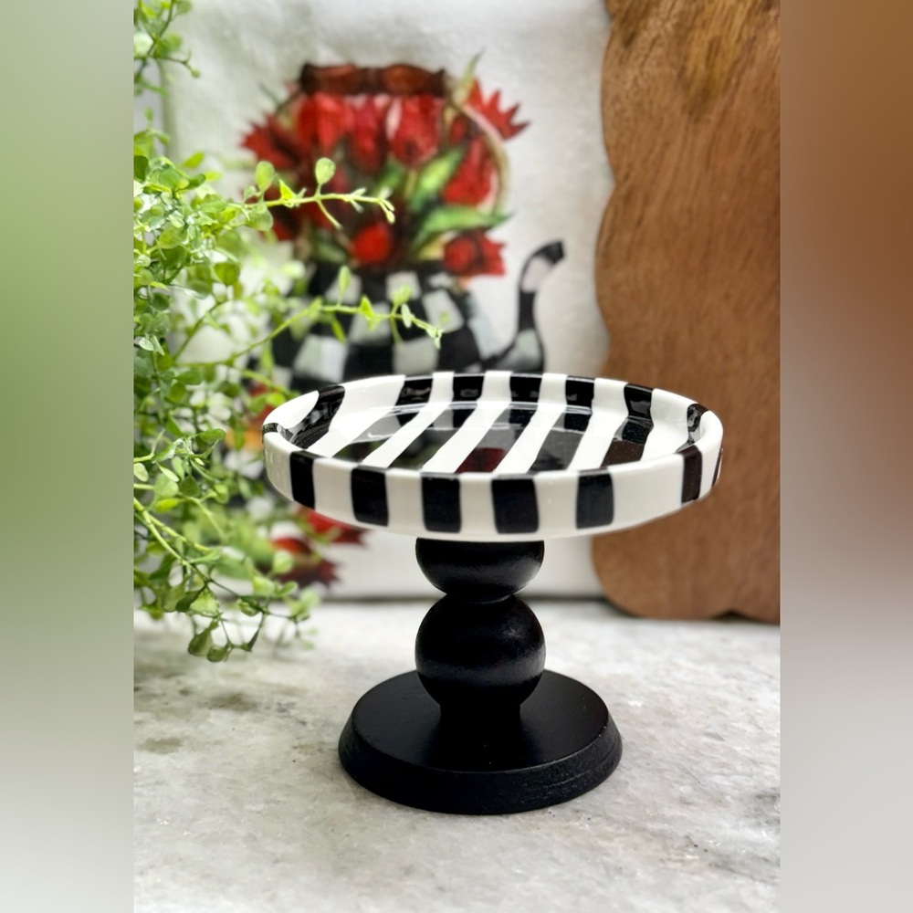 New Black & White Striped Ceramic & Wood Dish, Stand, Riser Decor - 4” x 4.75”